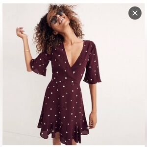 Madewell XS Burgundy 100% Silk Star-Print Lined Flutter-Hem Dress